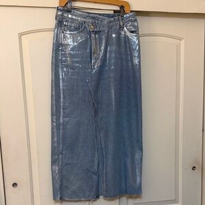 Zara Metallic Blue Denim Skirt